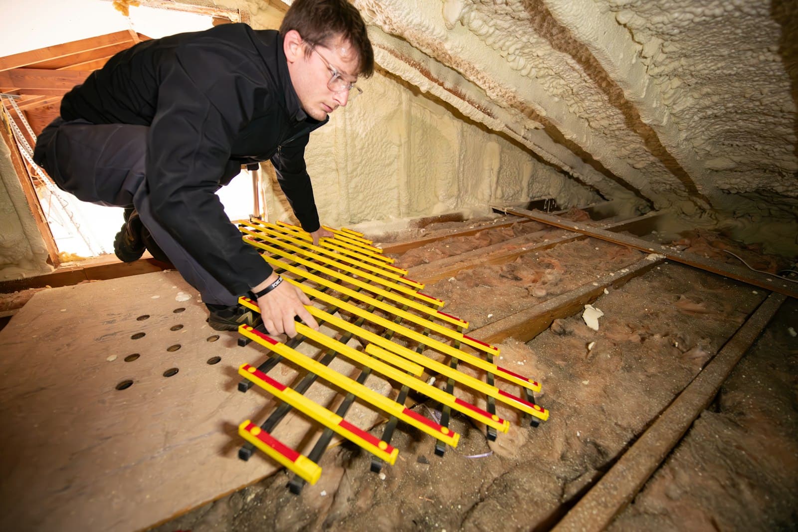 Inspector checking attic insulation